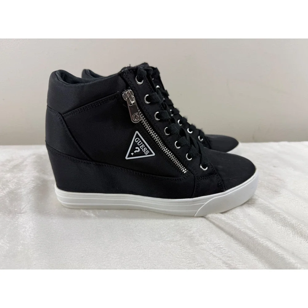 Guess Wedge High Top Sneakers Women 8.5 Black Lace Up Side Zip Logo Casual Shoes